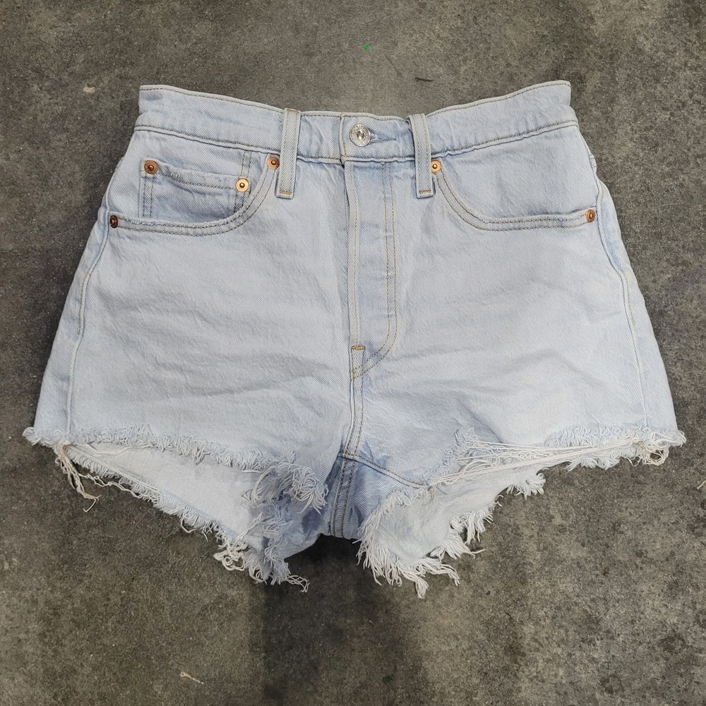 Levis 501 Shorts 26 Blue High Rise Distressed Light Wash Button Fly Disco Nights